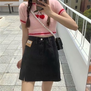 Summer Skirt Korean Fashion Casual Split Denim Raw Skirts Retro Solid A-line High Waist Basic Mini Skirt Trendy Plus Size