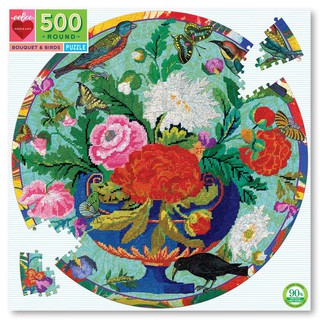 eeBoo  Bouquet and Birds 500 Pc Round Puzzle จิ๊กซอว์รูปนกและช่อดอกไม้แบบ 500 ชิ้น