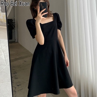 Ruo Bei Xuan ชุดเดรสแขนสั้นคอเหลี่ยมวินเทจสตรีใหม่