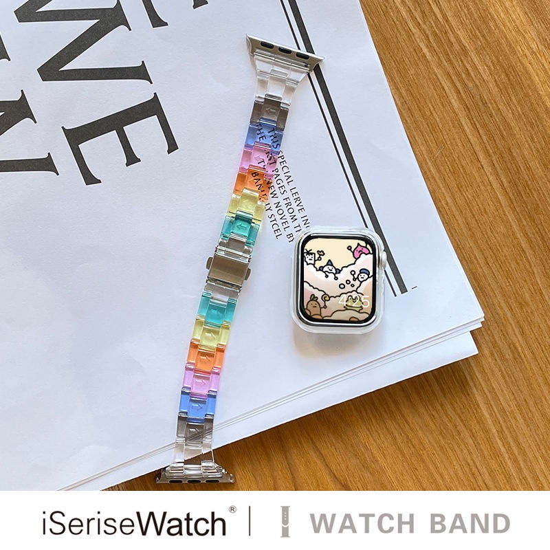 สายนาฬิกาข้อมือเรซิ่น แบบใส ขนาดเล็ก สีรุ้ง แฟชั่นฤดูร้อน สําหรับ Applewatch S7 /S8Th iwatch 345678 strap