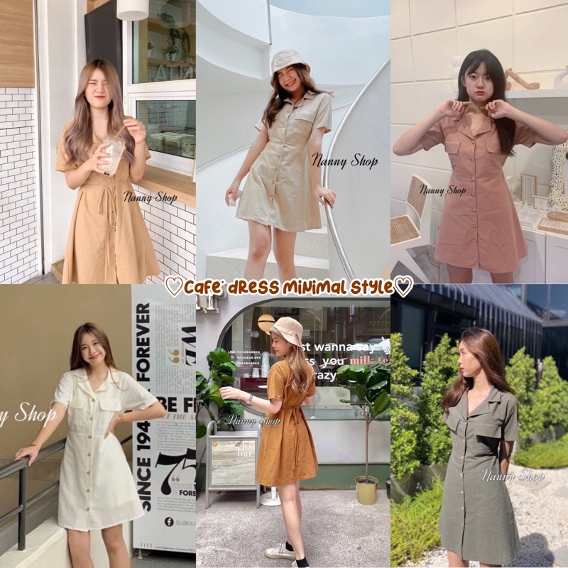 กระโปรงสายเกา กระโปรงพลีทมีกระเป๋า ♡Cafe' dress minimal style♡เดรสคอปกฮาวายสไตล์มินิมอล เดรสคาเฟ่