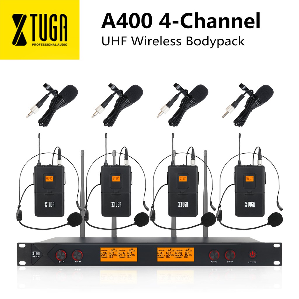 Xtuga A400 Professional 4-Channel UHF ระบบไมโครโฟนไร้สาย 4 Bodypacks สําหรับ Stage Church Party