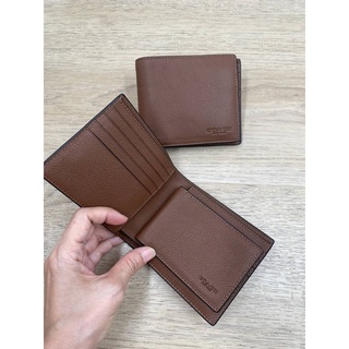 (ผ่อน0%) กระเป๋าสตางค์ชาย หนังแท้ สีน้ำตาล COMPACT ID WALLET IN SPORT CALF LEATHER COACH F74991 มีไส้