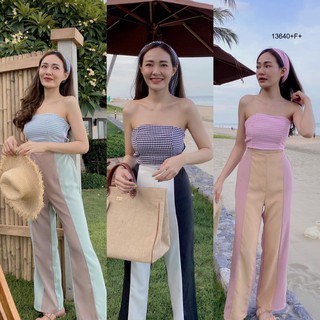 PP13640 Set 2 ชิ้น เสื้อเกาะอกลายชิโนริ + กางเกงทูโทน