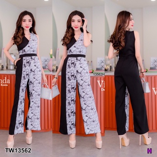 MF13562  Jumpsuit จั๊มสูทขายาว ทรงไขว้ป้ายอก ทรงแขนกุด เนื้อผ้าอิตาลี ตัดต่อผ้าสลับสีพื้นดำกับผ้าลายหิน โทนสีขาวดำ งานเร