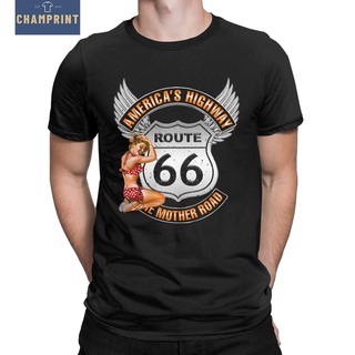 เสื้อยืดแขนสั้นลําลอง คอกลม ผ้าฝ้ายแท้ พิมพ์ลาย Route 66 Mother Road Pin Up สําหรับผู้ชาย