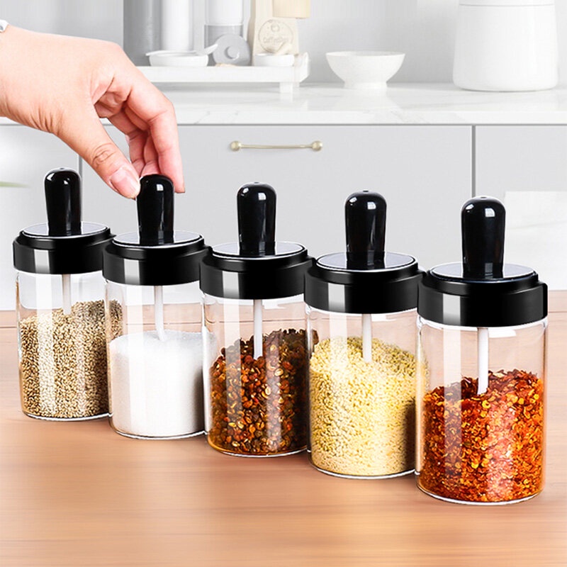 【6 ชิ้น】ขวดใส่เครื่องปรุง300ml กระปุกใส่เครื่องเทศ วัสดุเป็นแก้ว พร้อมช้อนตักในตัว ใส่เครื่องปรุง