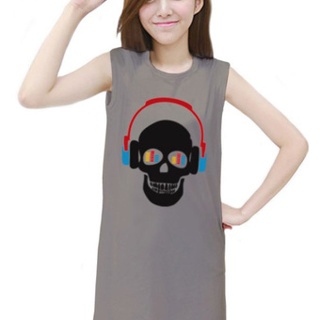 เสื้อยืดแฟชั่น ตัวยาว / แซกสั้น แขนกุด ผ้านุ่ม ลาย Skull I (สีเทา)