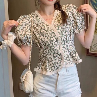 เสื้อเชิ้ตลายดอกจั๊มเอว เกาหลี เสื้อแขนสั้นแขนพอง วินเทจ เสื้อผ้าแฟชั่นผู้หญิง คอวี