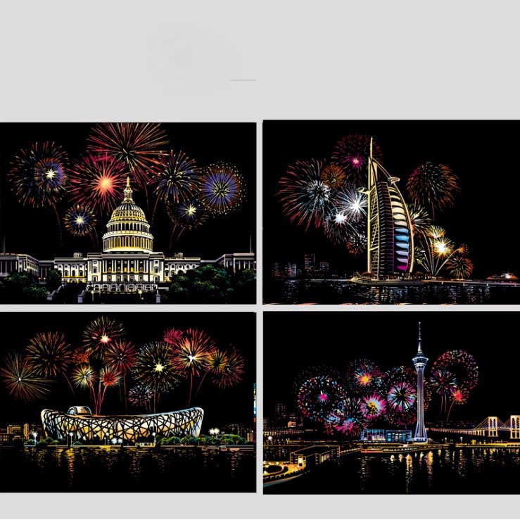 (1 ชุดได้ทั้ง 4 ภาพเลยค่า) ฟรีแท่งไม้ขูดทุกชุด ศิลปะขูด Magic Scratch Art ขนาด A4 แผ่นขูดภาพภาพวิวระบายสีต่างประเทศ - รูปที่ 2