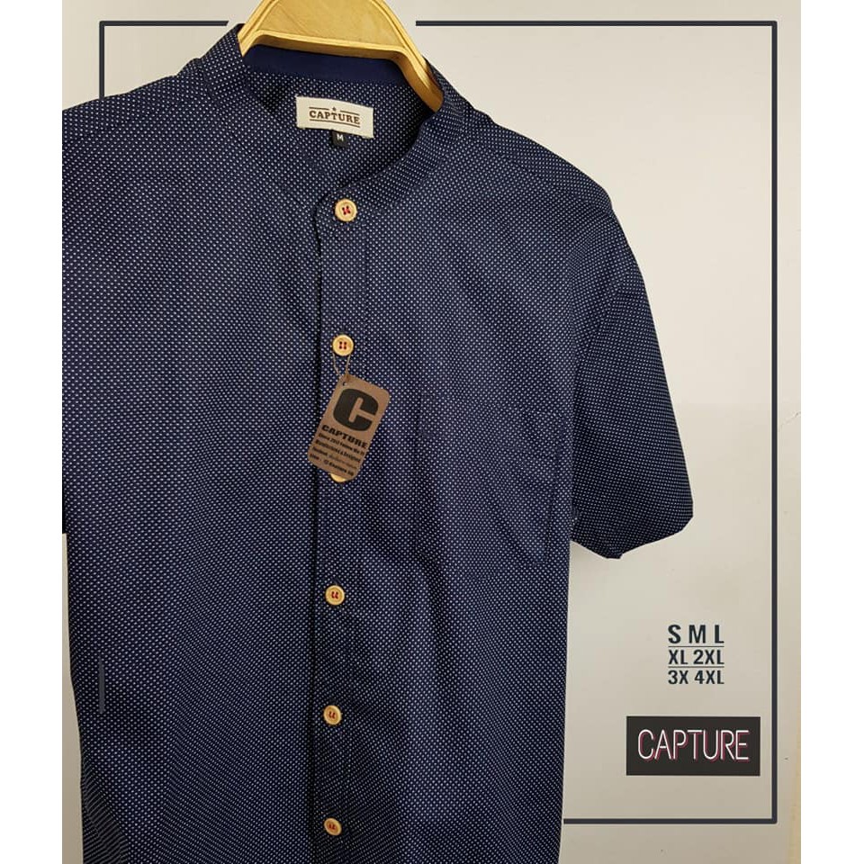 เสื้อเชิ้ตแขนสั้น คอจีน ผ้า Cotton100% ลายจุดไข่ปลา สีกรม มีไซส์ S-4XL
