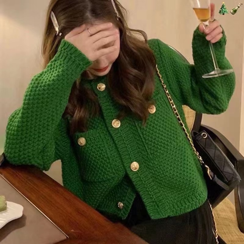 เสื้อคาร์ดิแกนแขนยาว ผ้าถัก เอวสูง สไตล์หรูหรา สําหรับผู้หญิง