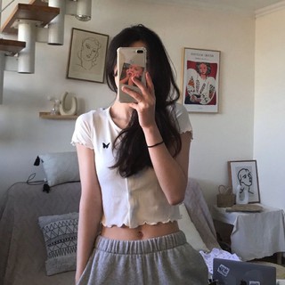 พร้อมส่ง มี2สี black &amp; white butterfly crop เสื้อครอป ผ้าร่อง ลายผีเสื้อ งานปัก สไตล์เกาหลี