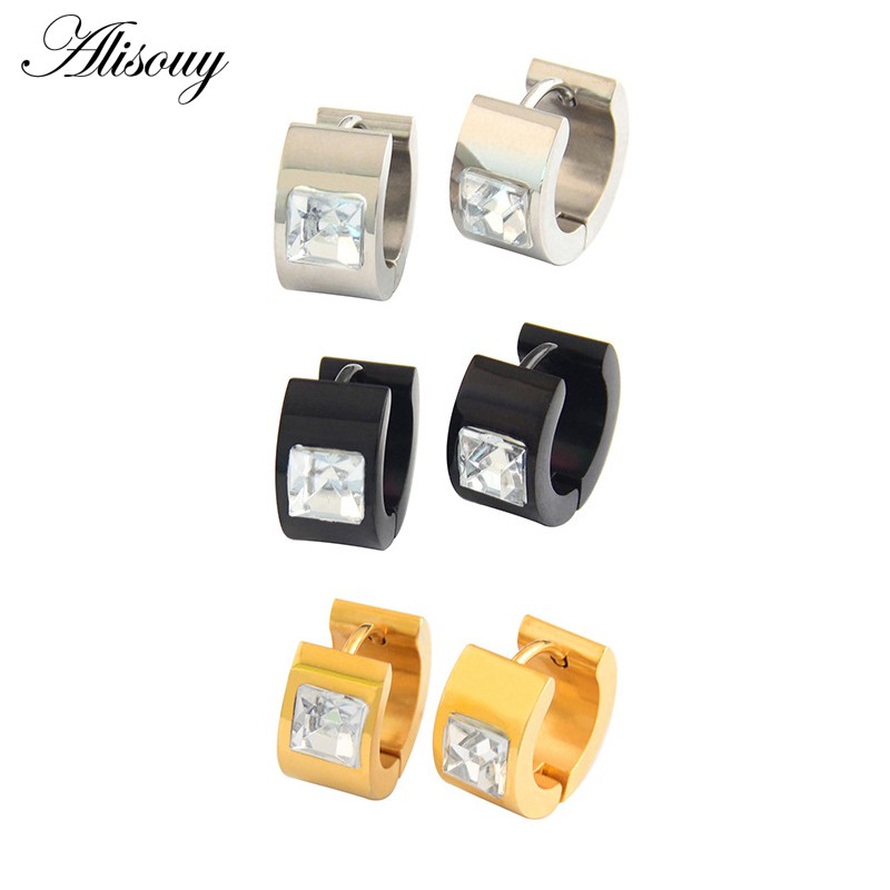 Alisouy ต่างหู Cristal เพทาย CZ 7 มม. กว้าง สแตนเลส สำหรับทั้งผู้ชายและผู้หญิง