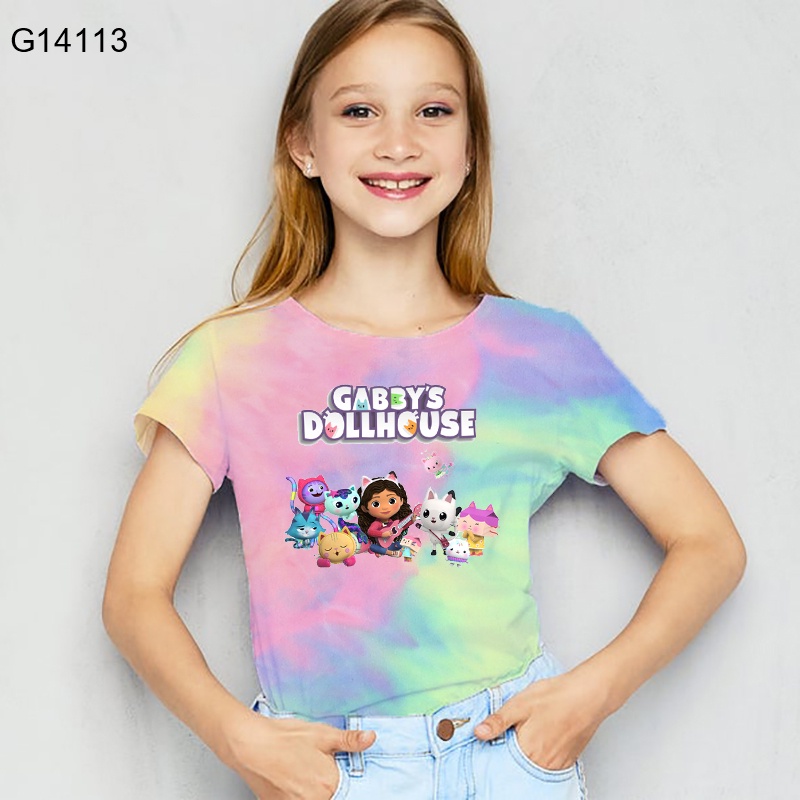 เสื้อยืด แขนสั้น พิมพ์ลายการ์ตูน Cabby's Dollhouse สีมัดย้อม สําหรับเด็กผู้หญิง