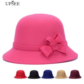 * Vintage Faux Wool Bow ฤดูใบไม้ร่วงสีทึบ Lady กว้างหมวก Brim Bucket