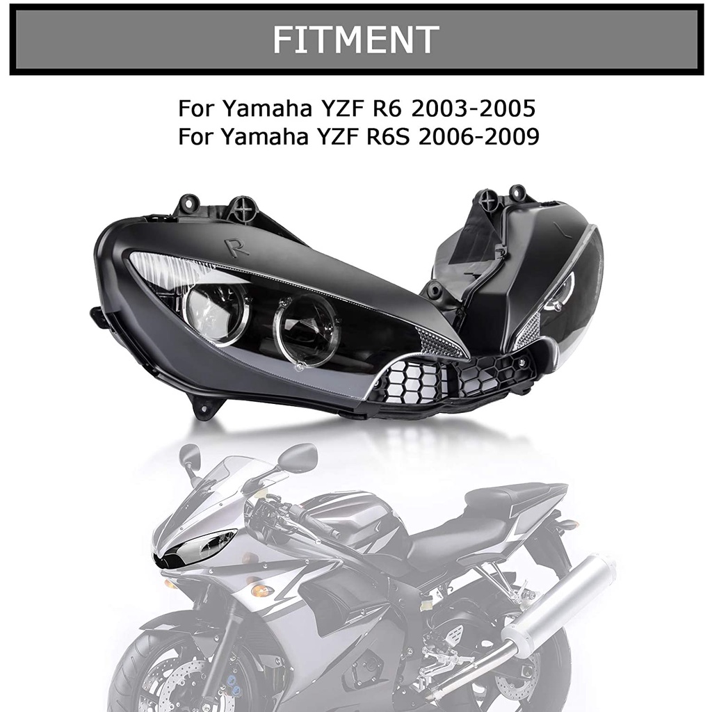 Couvercle De Phare Moto Pour Yamaha YZF R6 (2003-2005) Et R6S (2006-2009) – Noir ABS – Remplacement Facile Sans Perçage