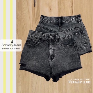 BabarryJeans ยีนส์ขาสั้น เอวสูง ปลายรุ่ย กรีดขาดข้าง สียีนส์ดำสโนว