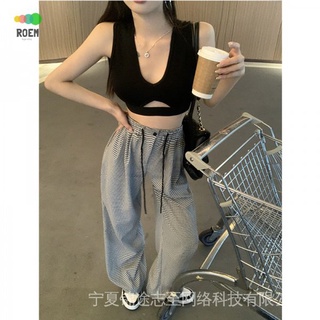 NINI [new season] summer Plaid high waist slimming drawstring straight pants childrens student loose new hot pants suit casual pants trendy