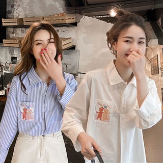 💎เสื้อเชิ้ตผู้หญิง 💎 ลายทาง ใหม่ ทรงหลวม สไตล์เกาหลี เสื้อแขนยาว เสื้อเชิ้ตใส่ทำงาน ใส่เที่ยว ใส่เดินทะเล ชิลๆ สบายๆ