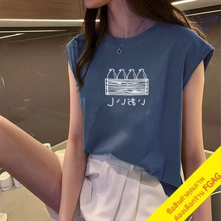 เสื้อยืดแขนกุดผู้หญิง Oversize เสื้อผ้าแฟชั่นวัยรุ่นน่ารัก สไตล์เกาหลี ลายสตรีท สวมใส่สบาย สีขาว M-XXL