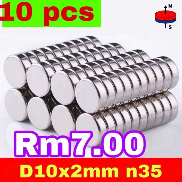 แม่เหล็กกลมแข็งแรง Neodymium 10 ชิ้น N35/52 10x2 มม. [10 ชิ้น]