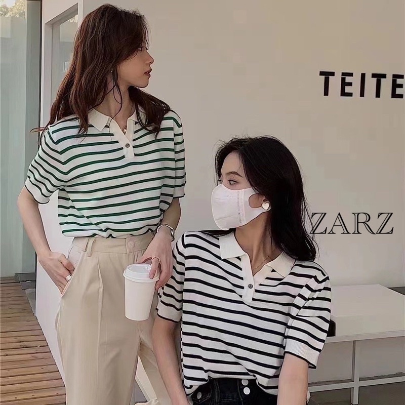 ZARZ.SHOP พร้อมส่ง*มี5สีเสื้อโปโลลายทสกระดูม1เม็ด 81050