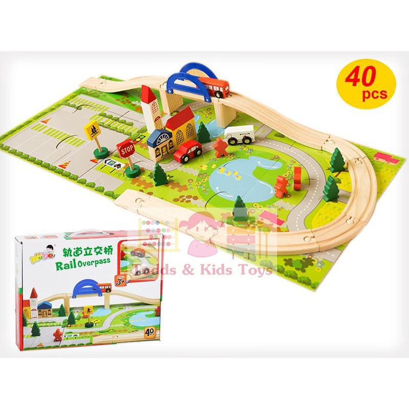 Todds & Kids Toys บล็อกไม้สร้างถนนเเละสวนจำลอง ชุด Rail Overpass 40 ชิ้น