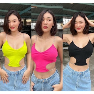 เสื้อครอปสายฝอ เว้าข้างแต่งอะไหล่