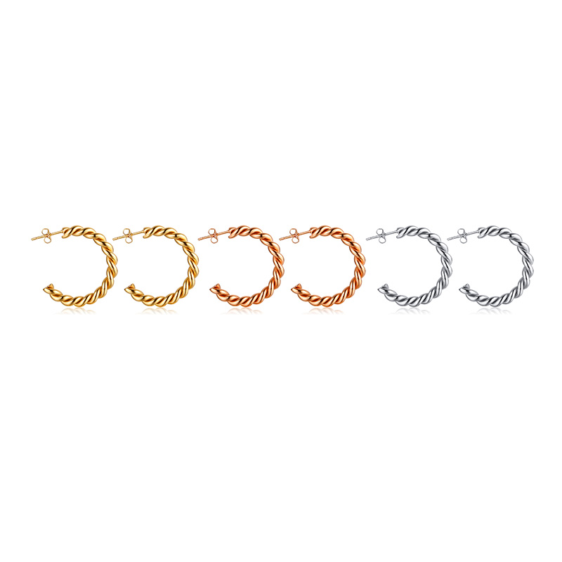 Vnox 14K ทองหุ้มทองบิดเชือก ต่างหูห่วงกลม สีโรสโกลด์, ไวท์โกลด์, เยลโลว์โกลด์