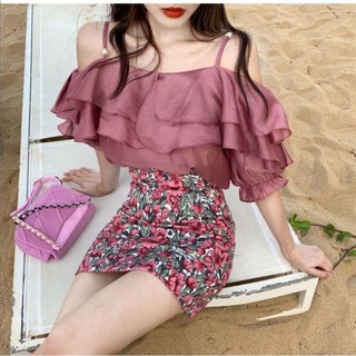 💕พร้อมส่ง💞 ชุดเซตสายเดี่ยวกระโปรงชมพู