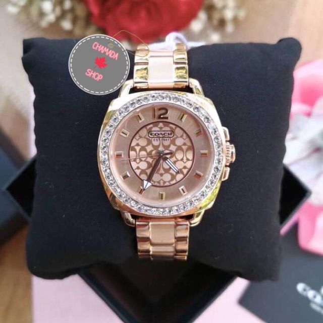 🍃COACH Boyfriend' Crystal Bezel Bracelet Rose Gold Watch 14501701