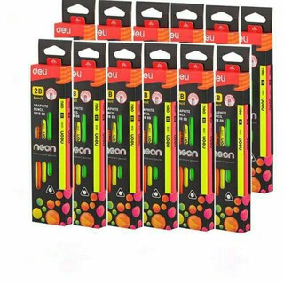 Deli U51800 Graphite Pencil ดินสอไม้ 2B ทรงสามเหลี่ยมนีออน บรรจุ 12กล่อง/แพ็ค