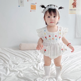 ชุดจั๊มสูทแขนสั้น ปักลายดอกไม้ สีขาว สไตล์เกาหลี แฟชั่นฤดูร้อน สําหรับเด็ก