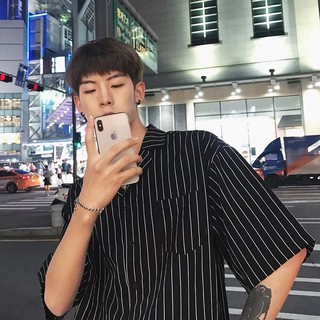 พร้อมส่ง เสื้อเชิ้ตฮาวายแขนสั้นลายทาง ผ้าไหมอิตาลี