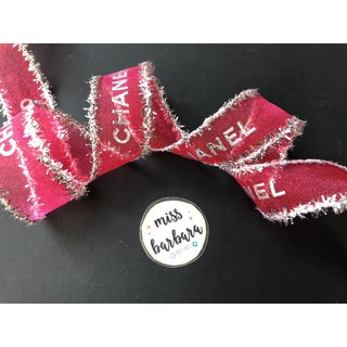 red organza ribbon tinsel trim silver ริบบิ้นแบรนด์เนมแท้ สีแดงตกแต่งขอบเงิน ขนาด 2.0 CM