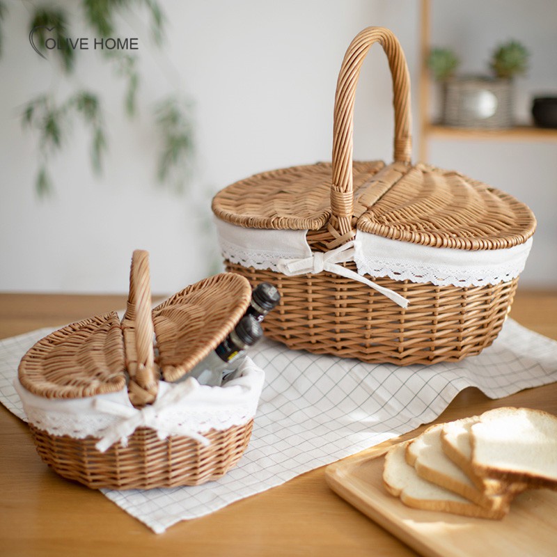 ̅☊❍ใหม่ Wier Hmade ตะกร้าหวายทอพร้อมฝาปิดคู่ Camping Picnic ภาชนะเก็บอาหาร