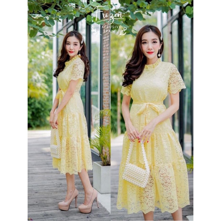 "Dee-ya shop เสื้อผ้าผู้หญิง เดรสลูกไม้ออกงาน สีเหลือง พร้อมส่ง