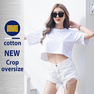 INNING crop top เสื้อครอปแขนสั้น cotton 100% เสื้อยืด over size เสื้อยืดแฟชั่น ขาว-ดำ-เขียว เสื้อยืดผู้หญิง