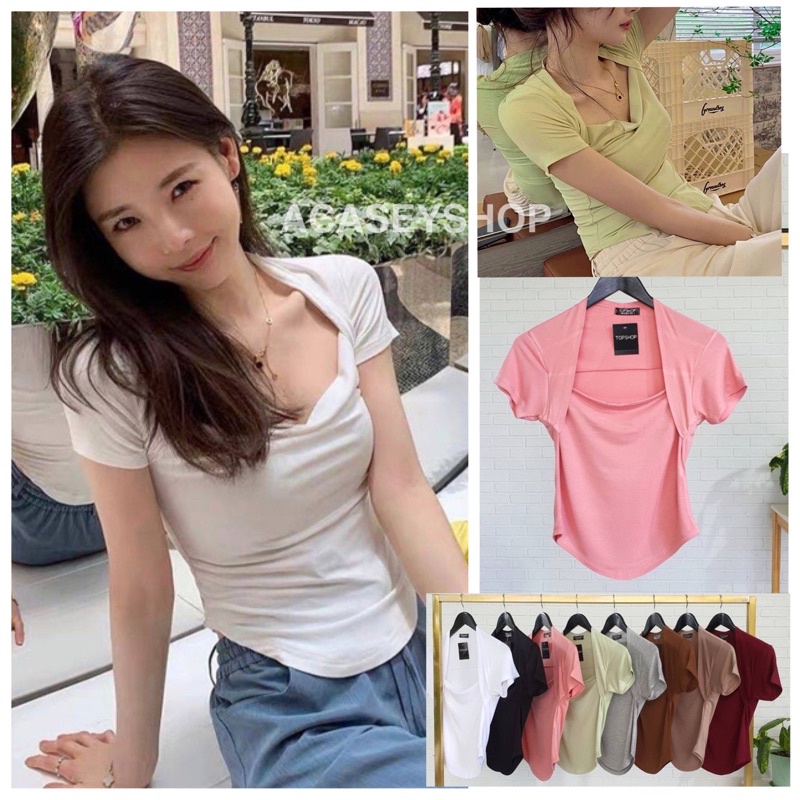 Acasey เสื้อยืดผู้หญิง คอเหลี่ยมคลุมไหล่เกาหลี NEW