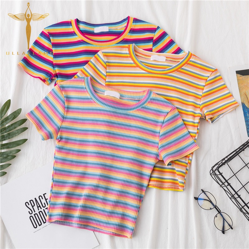 เสื้อครอปแขนสั้นเนื้อผ้าฝ้ายลายขวางสีรุ้งสไตล์เกาหลีสําหรับผู้หญิง