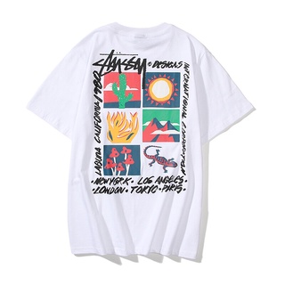 เสื้อยืดแขนสั้นพิมพ์ลายStussy Stussy ใหม่อเมริกันแฟชั่นแบรนด์เสื้อแขนสั้นเสื้อยืดใหม่ Sunset Desert Cruise คอกลมชุดหน้าร