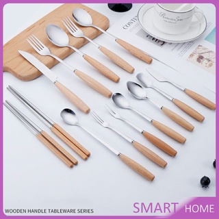 ชุด มีด ช้อน ส้อม ตะเกียบ วัสดุสแตนเลสและไม้ ช้อนส้อมด้ามไม้ Stainless steel cutlery