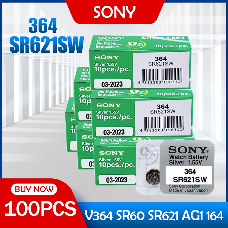 100PCS SONY 364 SR621SW AG1 LR621 621 164 531 SR60 LR60 1.55V Silver Oxide Watch Battery Single Grai