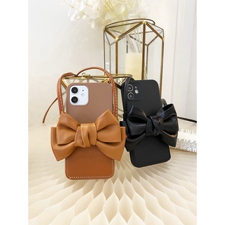 Casing oppo A54 A94 F3 PLUS F5 F7 F9 F11 PRO realme 3 5 pro 5i 6i 5s c1 c15 c12 c11 c17 c20 Luxury bow Leather Card Holder soft Phone Cases with cross body strap