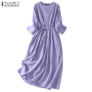 ZANZEA Women Elegant V-Neck Long Sleeves Simpel  Elastic Waist No Pockets A line Dress