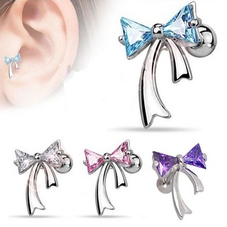 Surgical Steel Bow Ear Ring Studs CZ Ribbon Piercing Stud Cartilage Tragus Bar