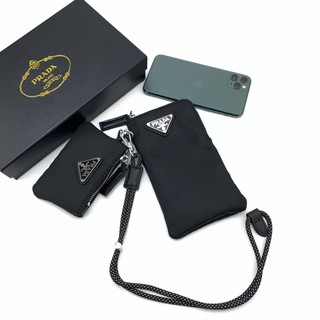 PRADA DROPS BLACK NYLON MINI TRICK DOUBLE POUCH POCONE LANYARD SET MOBLIE PHONE CASE WITH NECK STRAP กระเป๋าปราด้า