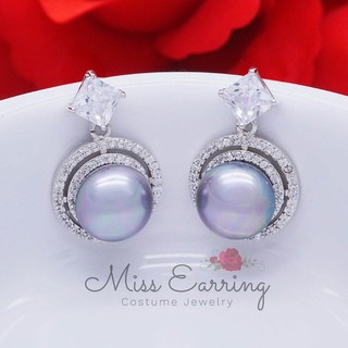 Miss Earring ต่างหู cz ไข่มุกสีเทาล้อมเพชร