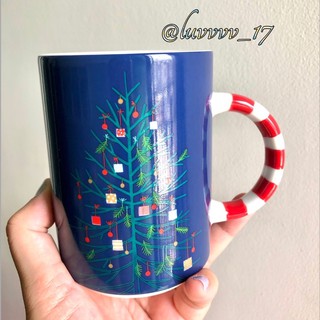 2018 Starbucks Blue Christmas Tree Candy Cane Handle Coffee Mug Cup, 12 Fl Oz.